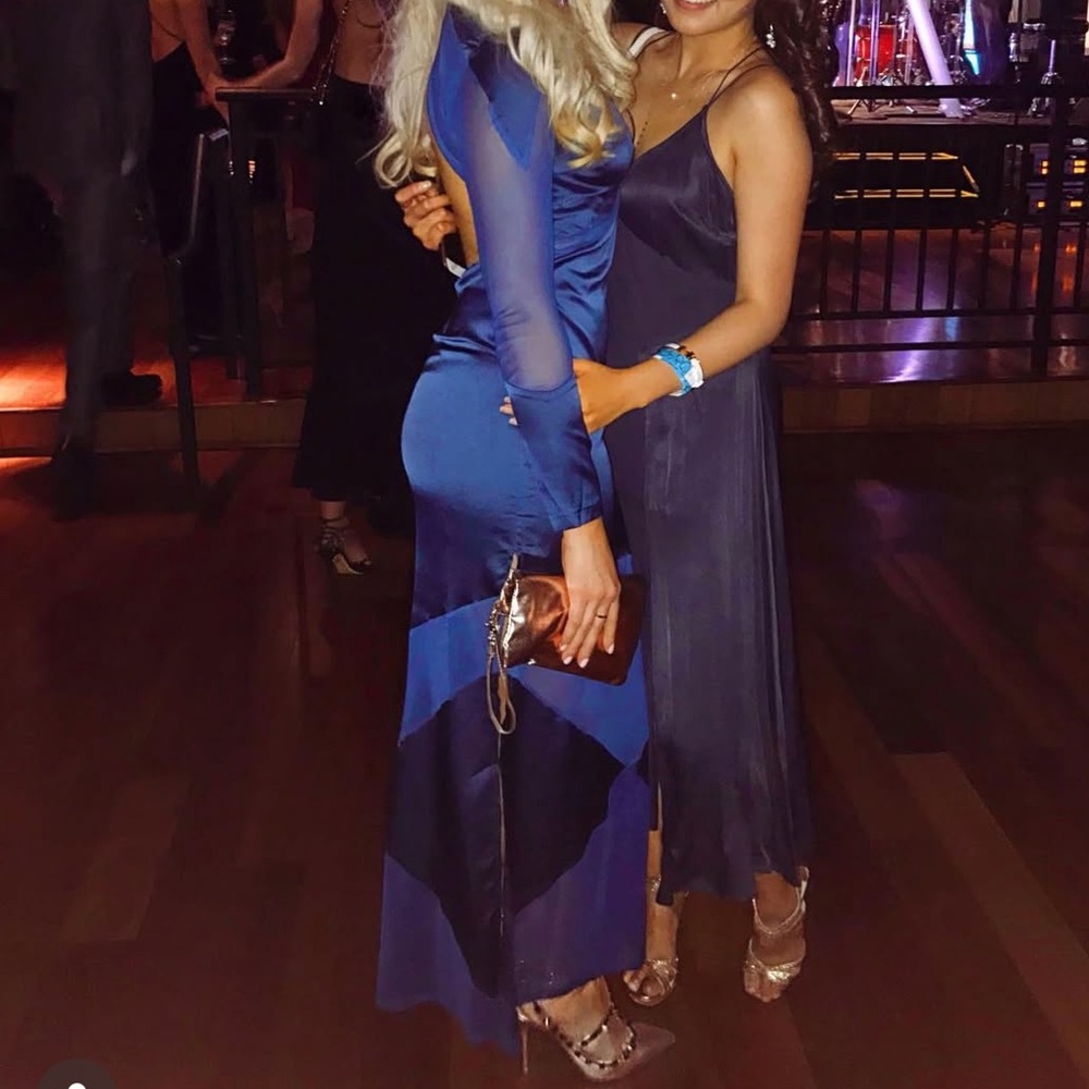 Navy Blue Satin & Sheer Maxi Evening Dress